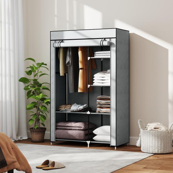 Roupeiro de Tecido Dobrável com 6 Prateleiras e 1 Barra de Pendurar para Dormitório Vestidor 103x43x162,5cm Cinza