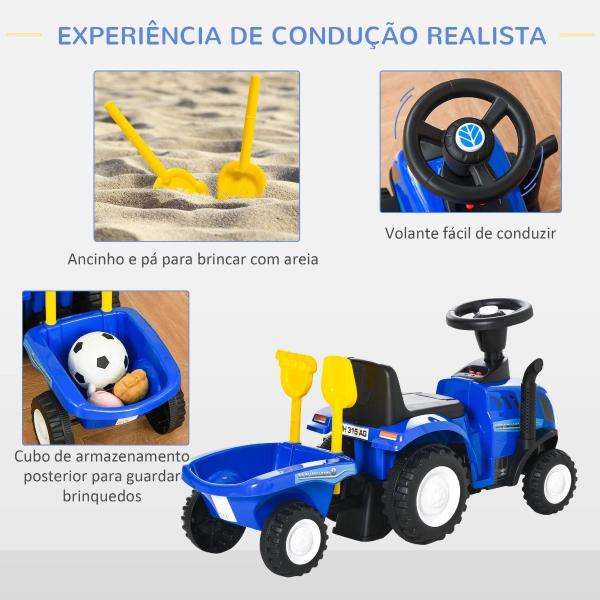 Trator para Crianças de 12 - 36 Meses com Reboque Removível Carro Andador com Buzina Farol Pá e Ancinho Carga 25kg 91x29x44cm Azul