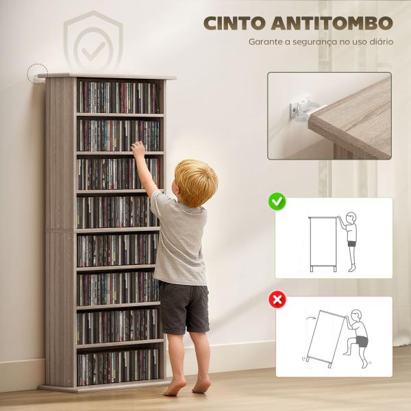 Estante Estreita para CDs e DVDs com 8 Compartimentos e Prateleiras Ajustáveis 58x24x126,3 cm em Madeira