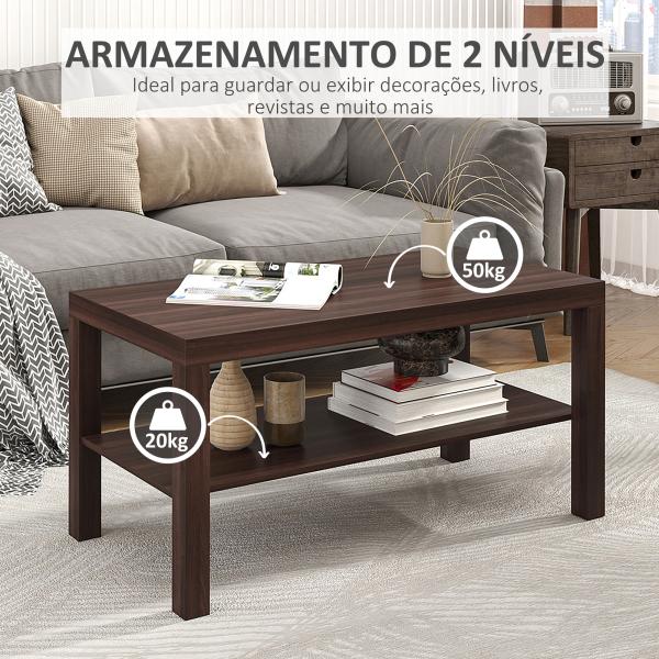 Mesa de Centro Mesa Auxiliar de 2 Níveis para Sala de Estar Escritório 90x45x45,5cm Nogueira