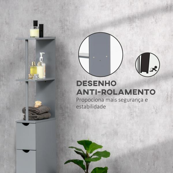 Coluna de Casa de Banho Moderno Móvel Auxiliar com 2 Prateleiras, 2 Gavetas e 1 Porta Anti - queda 15x33x136,8 cm Cinzento