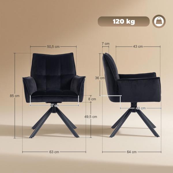 Conjunto de 2 Cadeiras de Refeição Giratórias 360° Estofado Estofamento em Veludo Pés em Aço 63x64x85 cm Preto