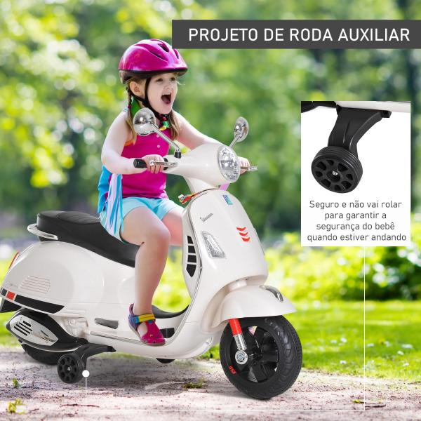 Mota Elétrica para Crianças com Licença Vespa com Música Velocidade 2 - 3 km/h e Buzina 102x50,5x75,5 cm Branco