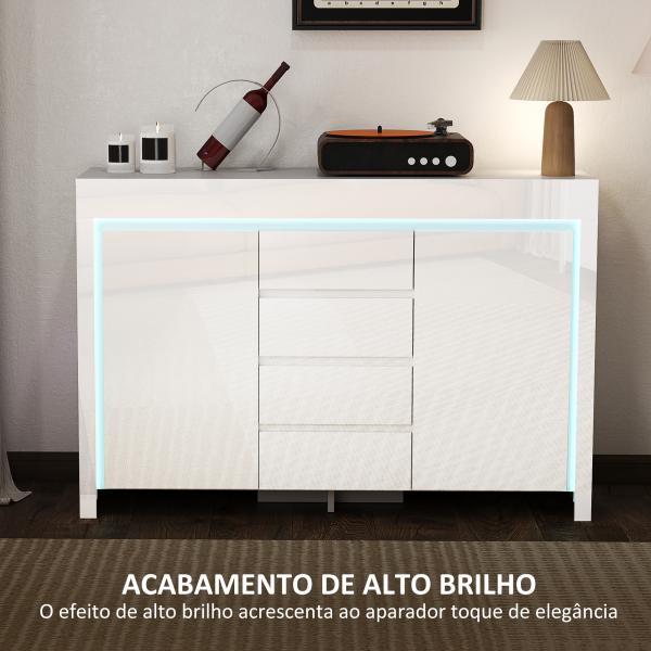Aparador Sala de Estar com Luzes LED 4 Gavetas Prateleiras Ajustáveis e Controlo Remoto 120x34x80 cm Branco Brilhante