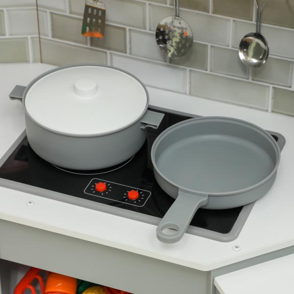 Cozinha de Madeira para Crianças com Sons Forno Lavatório Micro - Ondas Máquina de Gelo e Acessórios 110x80x91 cm Cinza