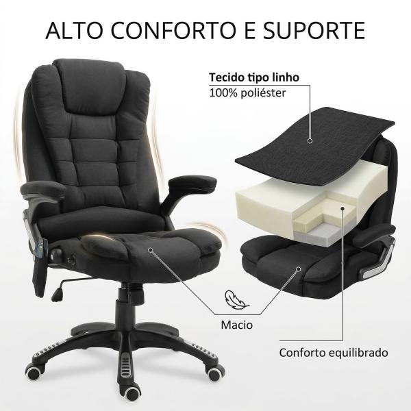 Cadeira para Secretaria c/ 6 Pontos de Massagem Reclinável até 130° com Aquecimento Preto