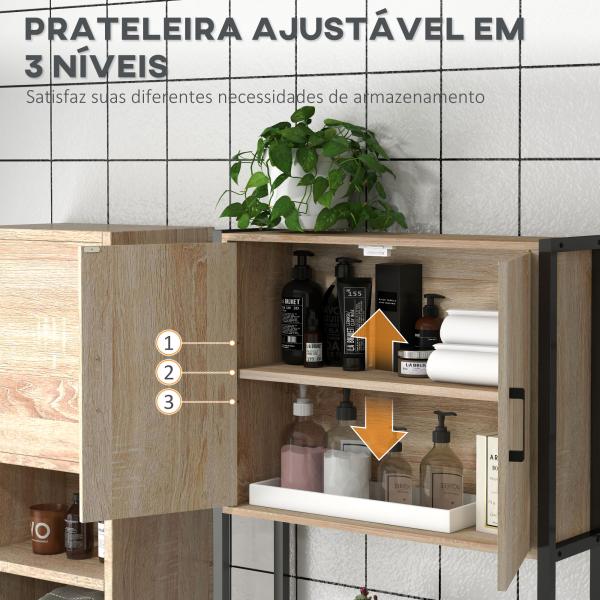 Móvel sobre Sanita com 2 Portas Prateleira Ajustável Prateleira Aberta Estante de Casa de Banho 64x19x178 cm Madeira