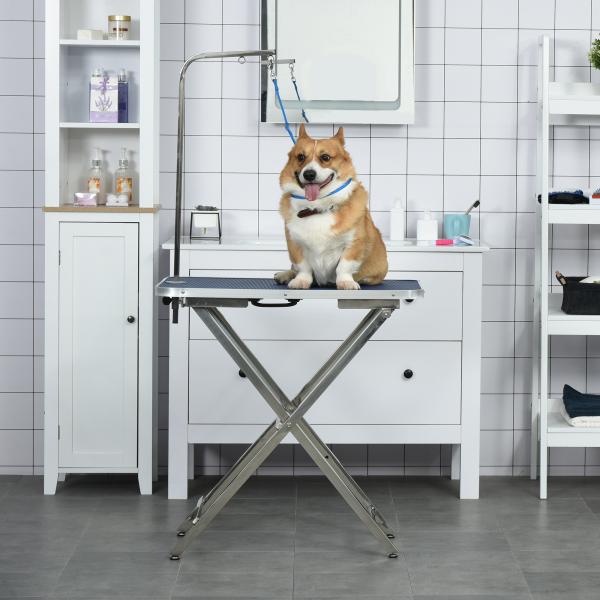 Mesa de Tosquia para Cães com Bancada Antiderrapante Alça e Braço com Altura Ajustável 72x45x74 - 81 cm Azul