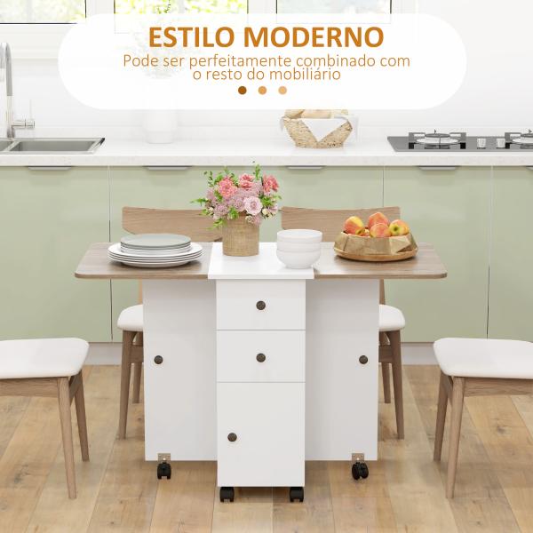 Mesa de Refeição com Rodas Mesa Abatível com 2 Gavetas e Armário Mesa Auxiliar Multifuncional 120x60x76,5 cm Branco