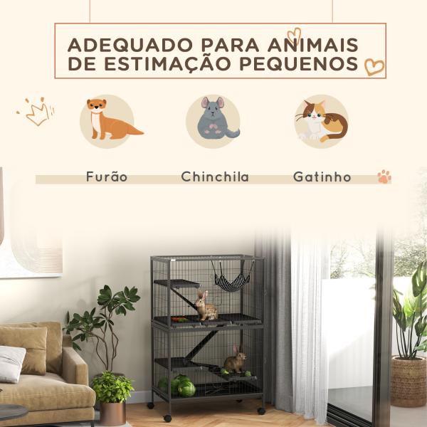 Gaiola para Roedores 80x52x128 cm Casa de 4 Alturas com Rampas Suspensa Rede Bandeja Removível Rodas Cinza Escuro