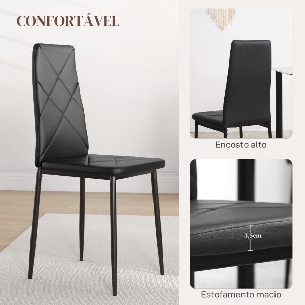 Conjunto de 6 Cadeiras de Sala de Jantar Estofadas em Couro Sintético com Encosto Alto e Pés de Aço 41x50x97cm Preto
