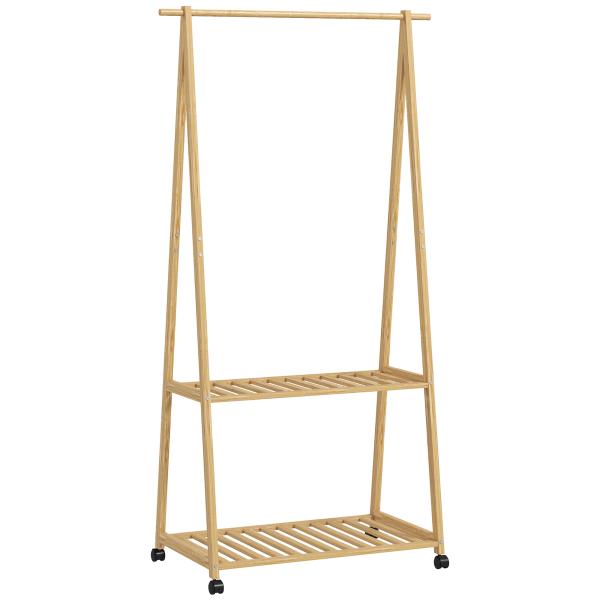 Charriot de Bambu para Roupa Charriot para Roupa com Rodas 2 Prateleiras Abertas e 2 Ganchos 84,5x43,5x158 cm Madeira