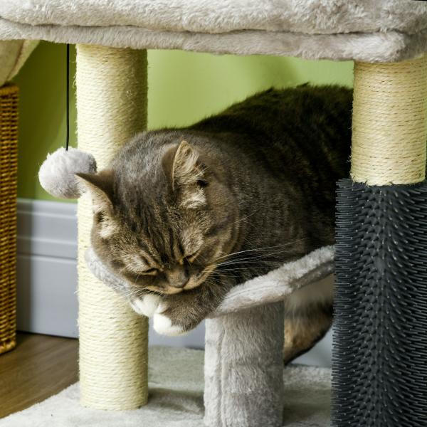 Arranhador para Gatos com 2 Postes de Arranhar Cama Plataforma em U e Escova Bola Suspensa 40x40x48 cm Cinza