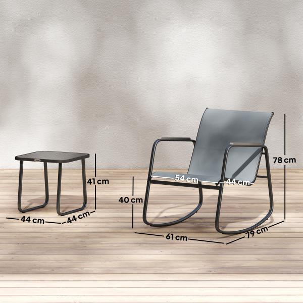 Conjunto de Jardim de 3 Peças com 2 Cadeiras de Balanço e Mesa com Tampo de Vidro e Estrutura de Aço para Pátio, Cinza