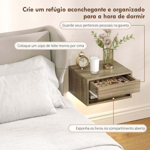 Conjunto de 2 Mesas de Cabeceira Flutuantes com Luzes LED RGB Controlo por APP e Prateleira Aberta 37x32x21 cm Madeira