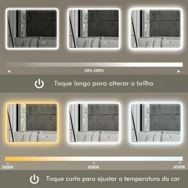 Espelho LED para Casa de Banho 90x70 cm com Bluetooth, 3 Tons de Luz, Antiembaciamento, Memória e IP44
