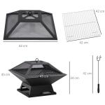 Braseiro Exterior de Aço Multifuncional com Tampa Protetora e Atiçador para Churrascos Fogueiras 45x45x34 cm Preto