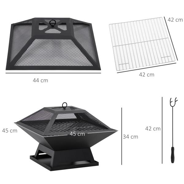 Braseiro Exterior de Aço Multifuncional com Tampa Protetora e Atiçador para Churrascos Fogueiras 45x45x34 cm Preto