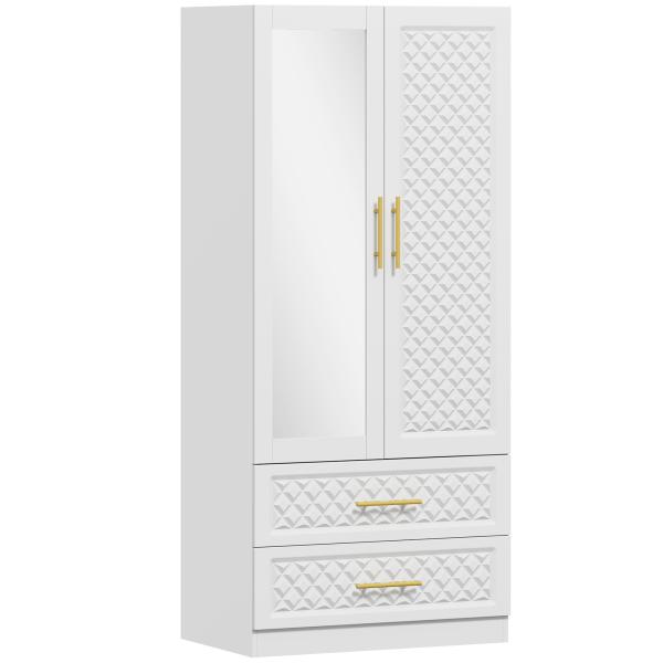 Roupeiro com Espelho 2 Portas e 2 Gavetas Relevo de Diamante Barra para Pendurar Estilo Moderno 80x50x180 cm Branco