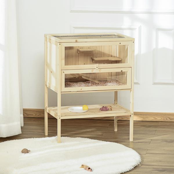 Gaiola de Madeira para Hamster com 5 Plataformas Rampa Dobrável Janela de Acrílico e Prateleira Inferior 60x40x80 cm Madeira Natural