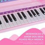 Piano para Crianças com 37 Teclas Microfone Banco Luzes 22 Músicas e Entrada para MP3 e USB 48x39x69 cm Rosa
