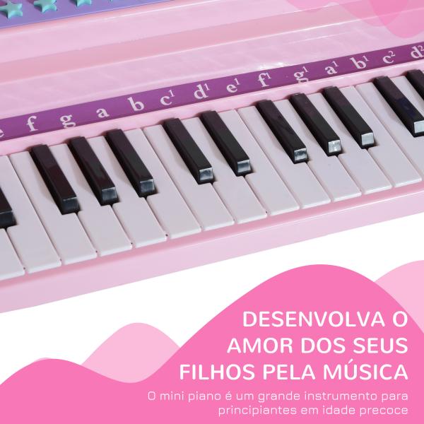 Piano para Crianças com 37 Teclas Microfone Banco Luzes 22 Músicas e Entrada para MP3 e USB 48x39x69 cm Rosa