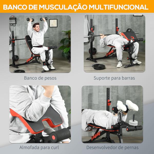Banco de Musculação Multifuncional Banco de Pesos com Encosto Reclinável e Suporte de Barras Ajustável 180x110x126 cm Preto