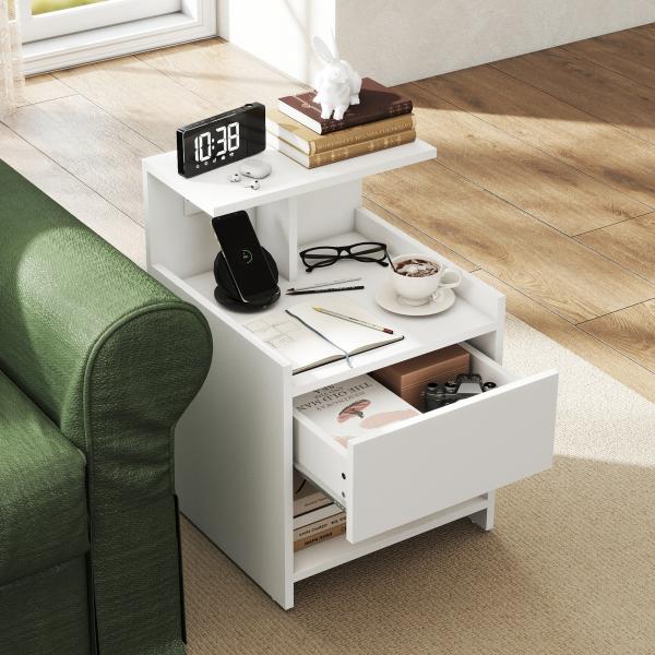 Mesa de Cabeceira com Estação de Carregamento Portos USB Gaveta e Prateleiras Abertas 40x40x60 cm Branco