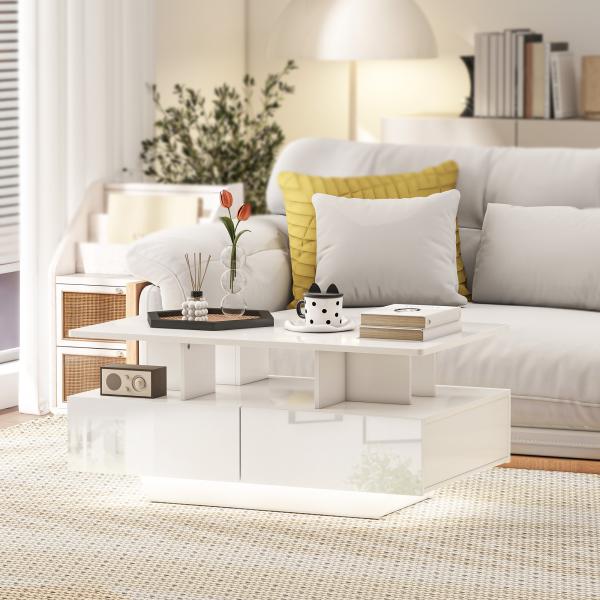 Mesa de Centro Moderna com LED 4 Gavetas Prateleira Aberta e Luzes LED de 16 Cores 90x55x41 cm Branco Brilhante
