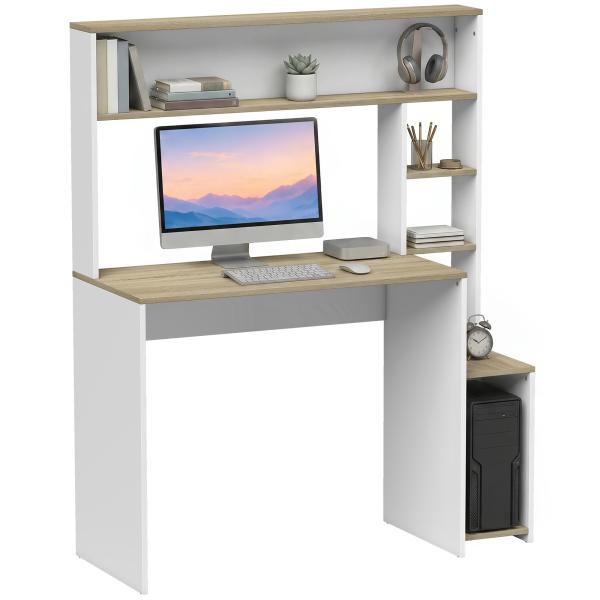 Secretária para Computador com Estantes e Suporte para CPU 114x45x138 cm Branco e Natural