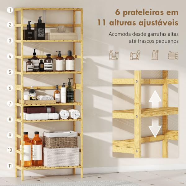 Estante de Bambu de 6 Níveis Prateleiras Ajustáveis para Espaços Pequenos Casa de Banho Cozinha 60x26x161 cm Madeira