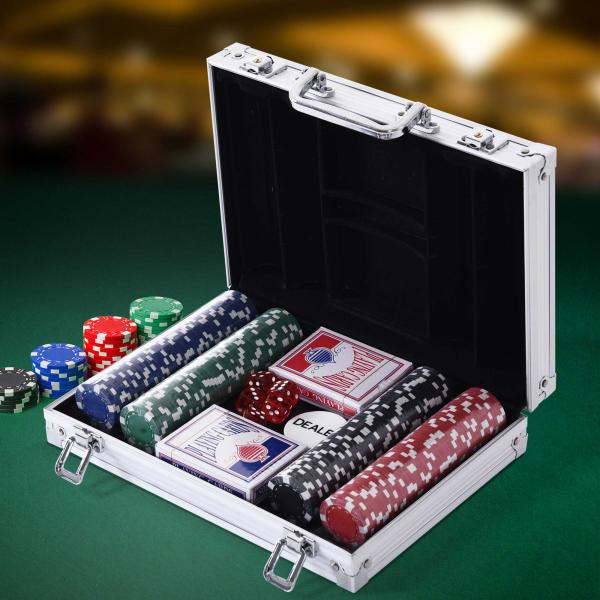 Mala de Poker Profissional com 200 Fichas Jogo de Poker com Maleta de Alumínio 5 Dados 2 Baralhos de Cartas e 1 Ficha de Dealer 29,5x20,5x6,5cm Multicor