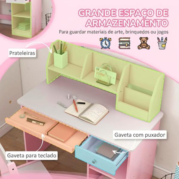 Secretária e Cadeira Infantil com Arrumação para Estudo, Leitura e Brincadeiras Rosa