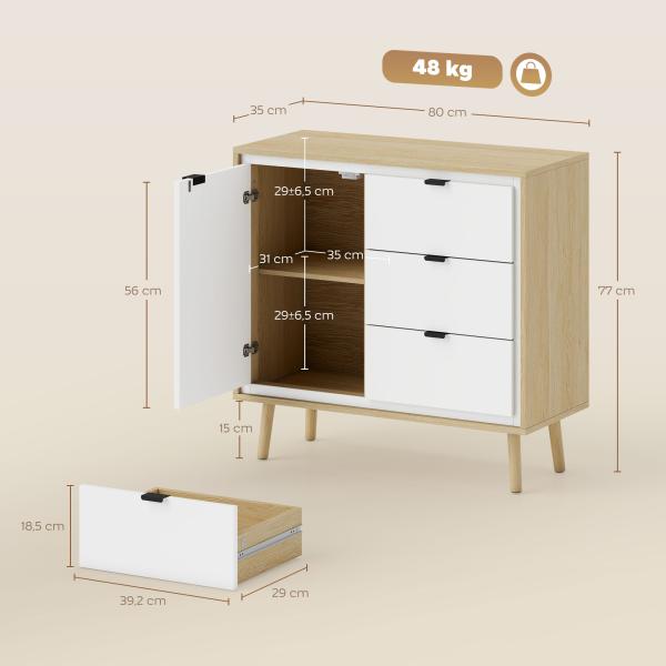 Aparador de Sala Moderno com 3 Gavetas Prateleira Ajustável e Pés em Madeira 80x35x77 cm Branco Brilhante e Carvalho