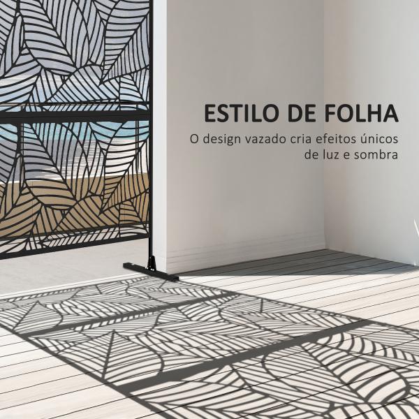 Biombo de 3 Painéis 122x198 cm Biombo Separador de Ambientes com Suporte Design de Folhas Grandes Preto