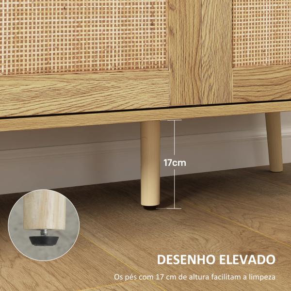 Aparador para Sala de Estar com 3 Portas em Vime Aparador Estilo Boémio, com Prateleiras Ajustáveis 120x40x75 cm Madeira