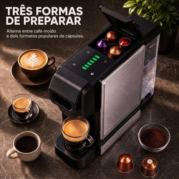 Máquina de Café Expresso 19 Bar Semiautomática com Depósito de Água Amovível 1 L para Cápsulas e Café Moído Preta