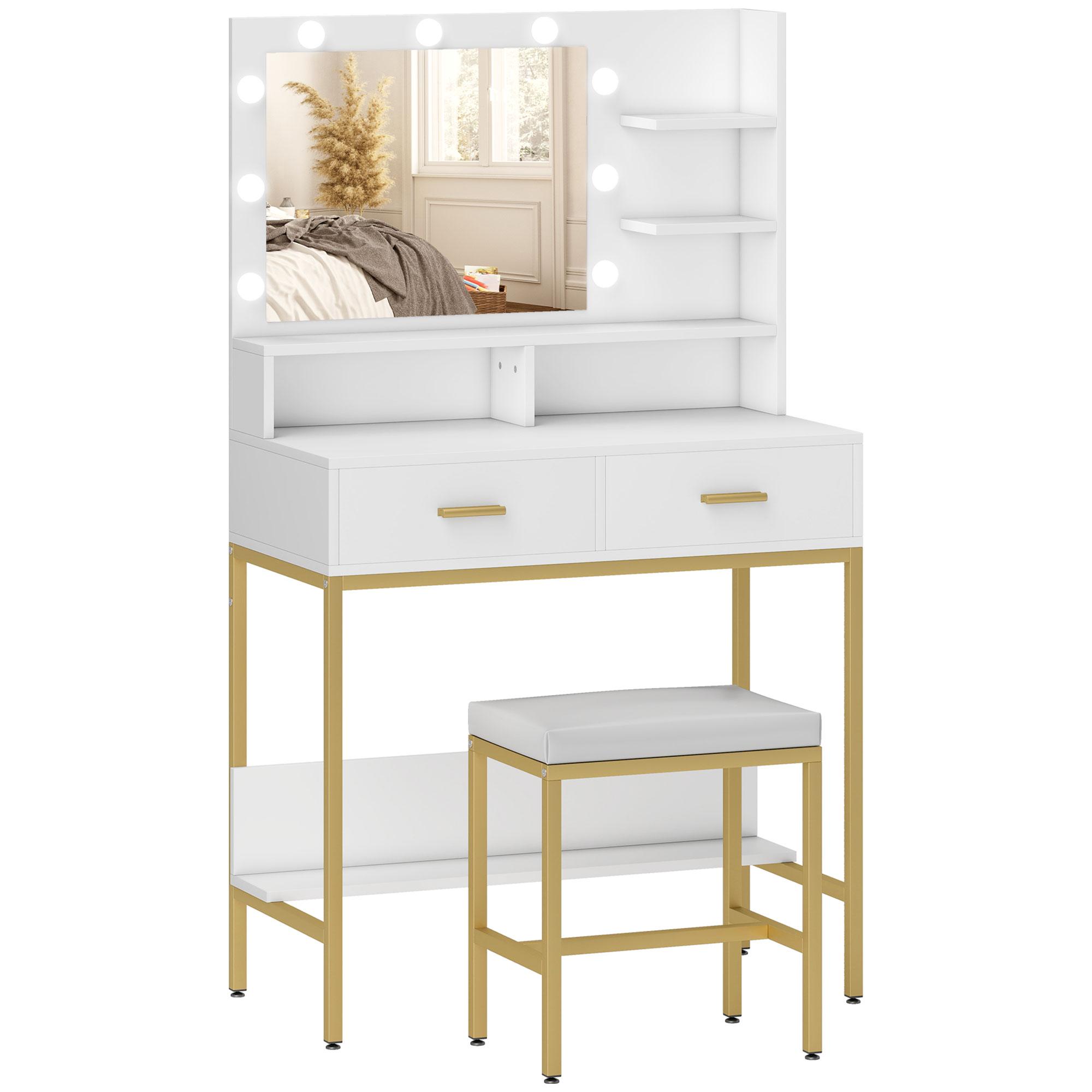 Toucador de Maquilhagem com Luz e Banco Mesa de Maquilhagem com 2 Gavetas e Prateleiras Estilo Moderno para Quarto Branco