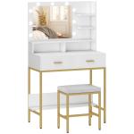 Toucador de Maquilhagem com Luz e Banco Mesa de Maquilhagem com 2 Gavetas e Prateleiras Estilo Moderno para Quarto Branco