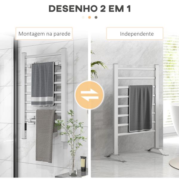 Toalheiro Elétrico de Parede ou Solo 150 W com Função de Temporizador e 8 Barras para Casa de Banho 53x35x90 cm Prata