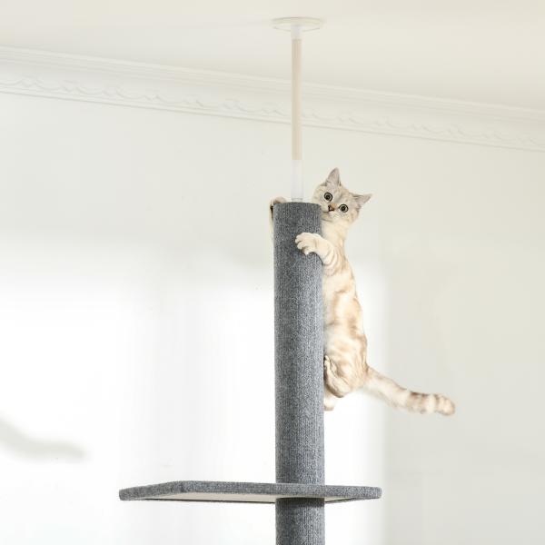Arranhador para Gatos do Chão ao Teto com Altura Ajustável, 4 Plataformas e Poste 43x27x228 - 260 cm Cinzento