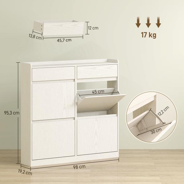 Sapateira Estreita com 4 Portas Sapateira para Entrada com 2 Gavetas para 8 Pares de Sapatos 98x19,2x95,3 cm Branco