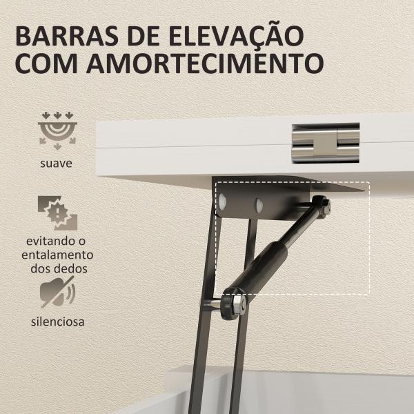 Mesa de Centro Elevatória e Extensível com Compartimentos Ocultos e Prateleira Aberta 100x90x64 cm Branco
