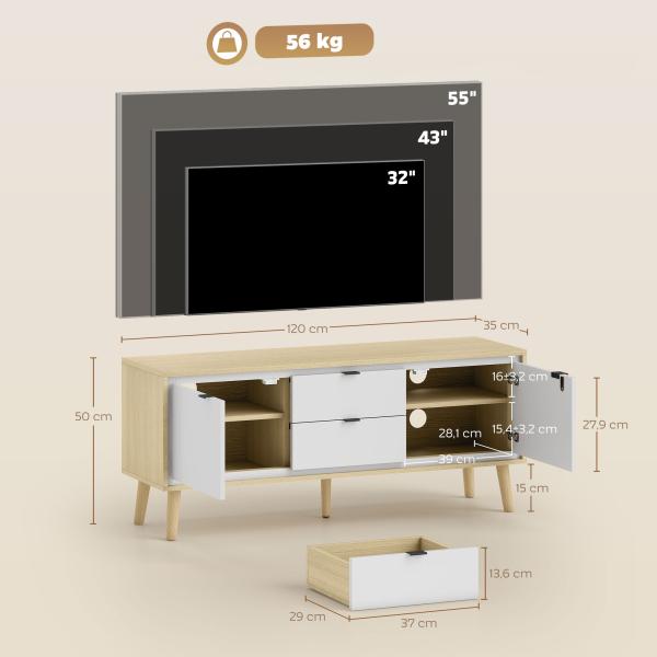 Móvel de TV Moderno para Sala com 2 Gavetas para Televisão 55 Polegadas 120x35x50 cm Branco Brilhante e Carvalho
