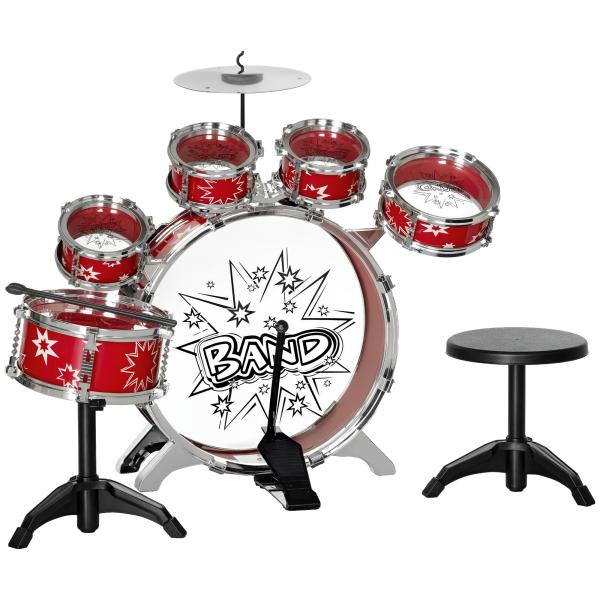 Bateria Infantil com Banco Bateria para Crianças acima de 3 Anos com Pedal e Baqueta Desenho de Estrelas 65x22x57 cm Vermelho