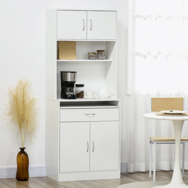 Armário de Cozinha com 4 Portas Bandeja Amovível Prateleira Ajustável Gaveta e Bancada para Micro - Ondas 70x40x180 cm Branco