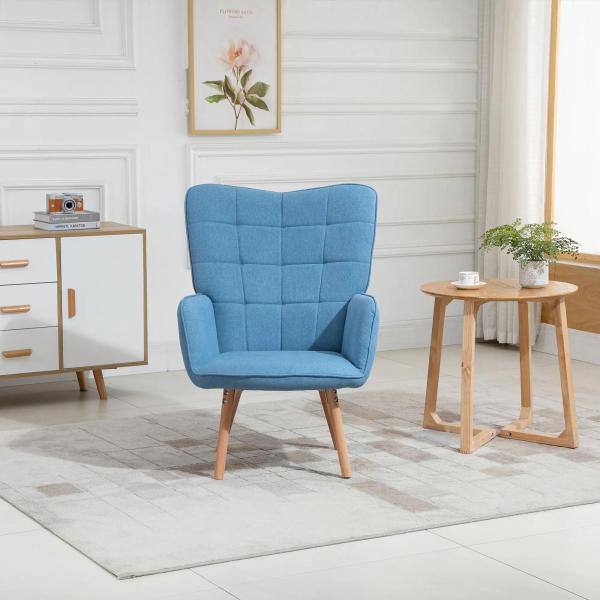 Poltrona de Sala de Estar Moderna Poltrona com Encosto Alto Apoio para os Braços Tecido de Linho e Pés de Madeira de Faia para Sala de Jantar Cozinha 71x76x101cm Azul