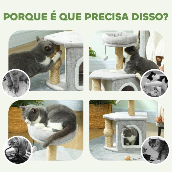 Arranhador para Gatos com Cama Caverna Plataforma Bola Suspensa e Poste de Juta 42x30x66 cm Cinza e Bege