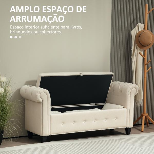 Banco de Pé de Cama de Linho com Dobradiças na Tampa Pés de Madeira e Apoio para os Braços 146,5x49x74,5 cm Bege