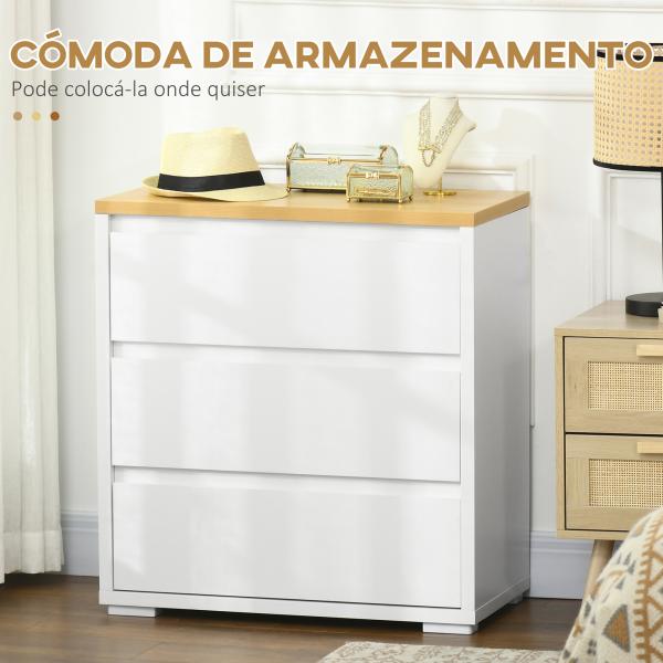 Cómoda Moderna com 3 Gavetas de Madeira para Dormitório Carga Máxima 40 kg 70x37x75 cm Branco e Madeira